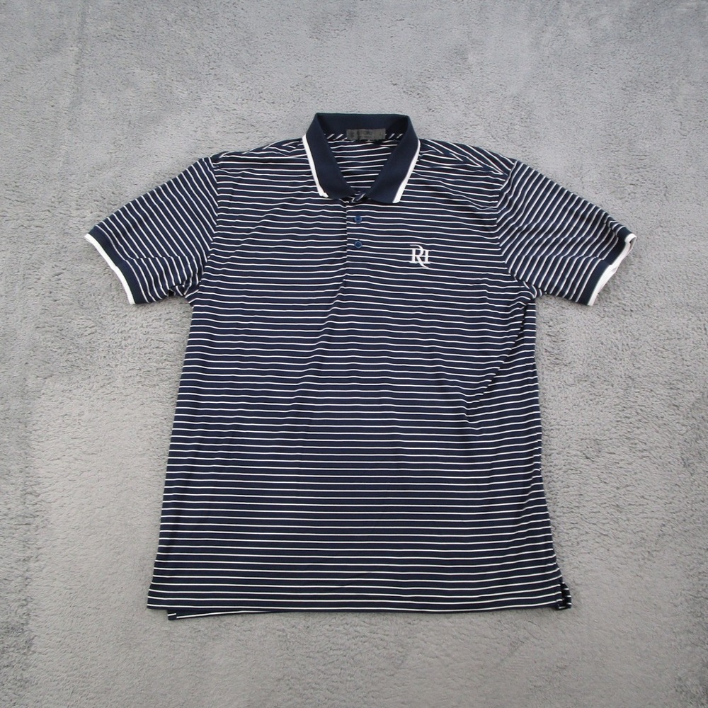 G/FORE Mens Navy Blue Striped Short Sleeve Golf Polo Shirt Size L Rolling Hills